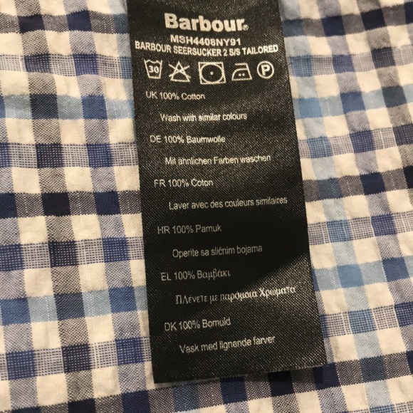 Barbour Tailored Fit Shirt Mens Large Blue Plaid Blue Seersucker Casual Pockets - Picture 4 of 9